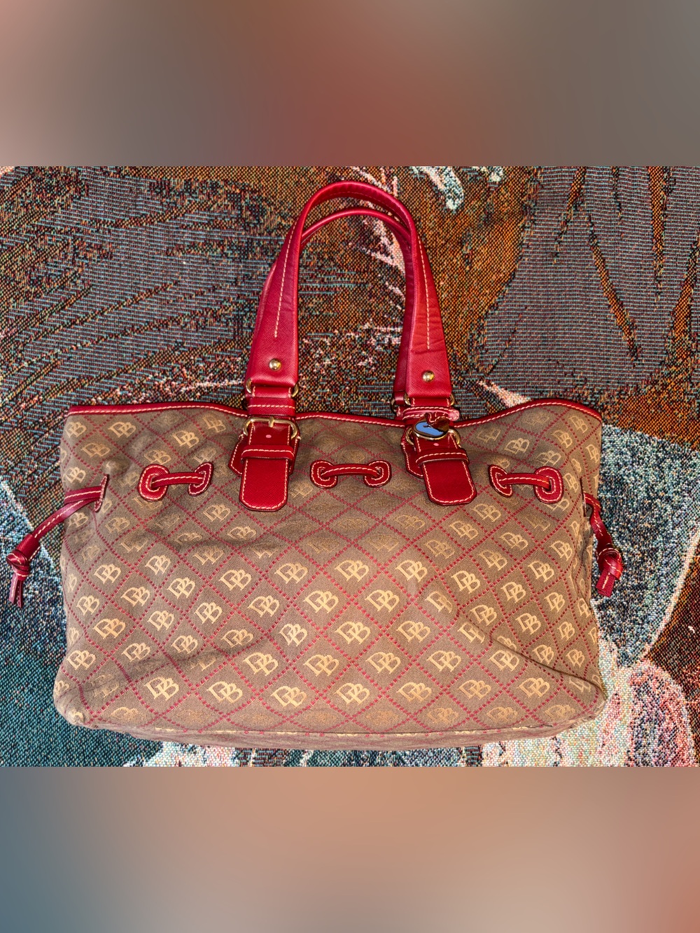 Dooney & Bourke Tan Monogram Tote with Red Trim